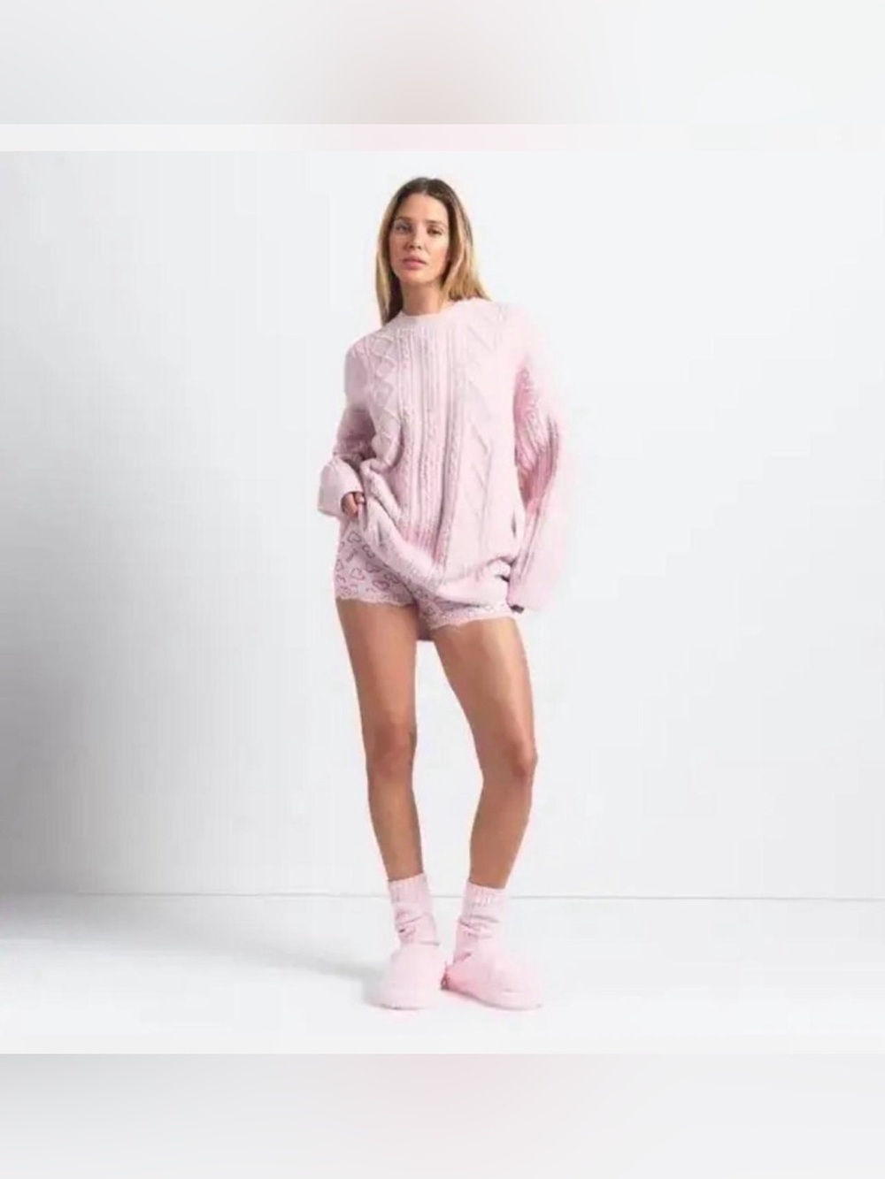 New Skims Cozy Cable Knit Oversized Crewneck Sweater Women's Cherry Blossom L/XL